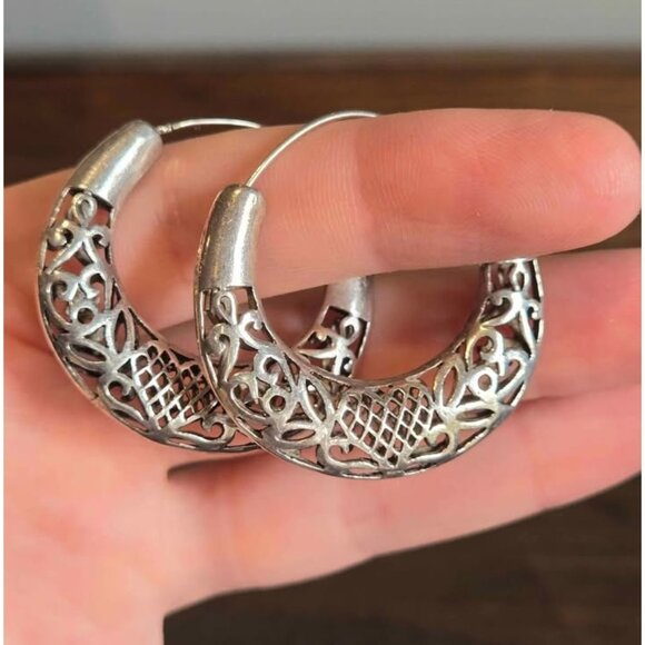 Large Sterling Silver Filigree Hoop Earrings with Heart & Leaf Design - Picture 2 of 7